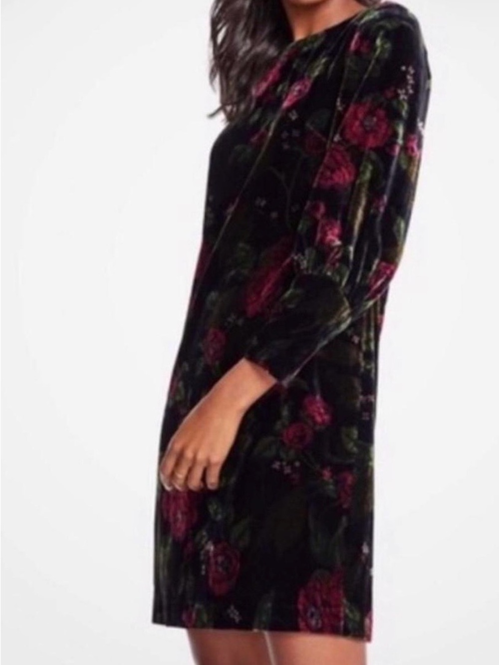 Ann Taylor Black Velvet Dress with Burgundy Floral Accents